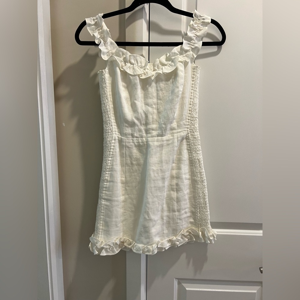 Reformation White Linen Ruffle Mini Dress